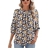 Rapbin Keyhole V Neck Puff 3/4 Length Sleeve Womens Tops Dressy Casual Chiffon Work Blouses Pleated T-Shirts Loose Fit S-XXL