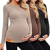 JoyMotion 3 Pack Women's Thermal Maternity Shirts Long Sleeve Fleece Pregnancy Layering Top Crew Neck Base Layer Mama Clothes