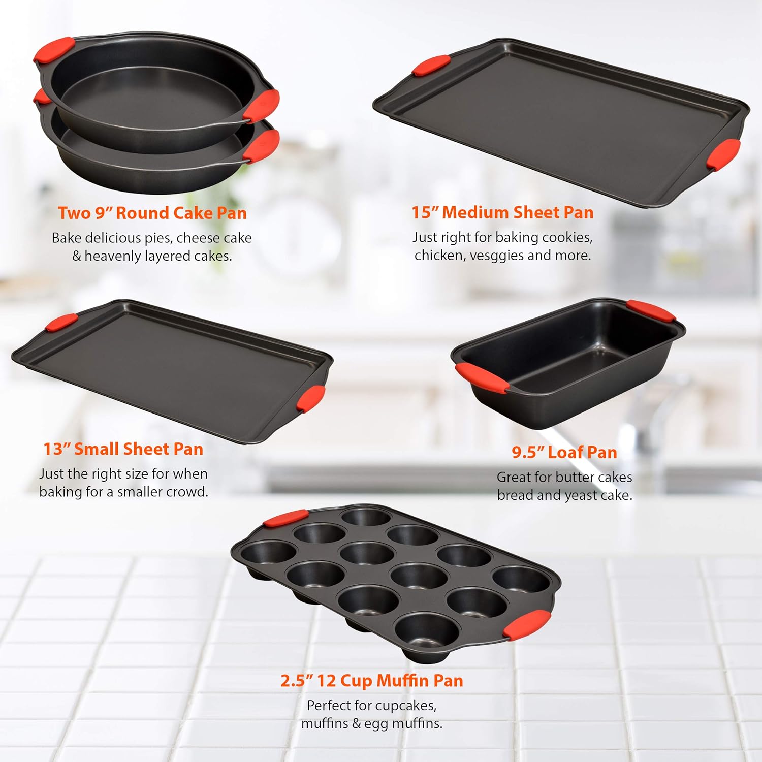 Perlli 10-Piece Nonstick Carbon Steel Bakeware Set With Red Silicone Handles | |Metal, Reusable, Quality Kitchenware For Cooking & Baking Cake Loaf, Muffins & More: Kitchen & Dining