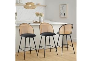 Bekrvio Black Bar Stools Set of 3, Swivel Counter Stools with Rattan Back & Metal Legs, 26" PU Leather Barstools Counter Height, Mid Century Modern Bar Chairs Island Stools for Kitchen Counter