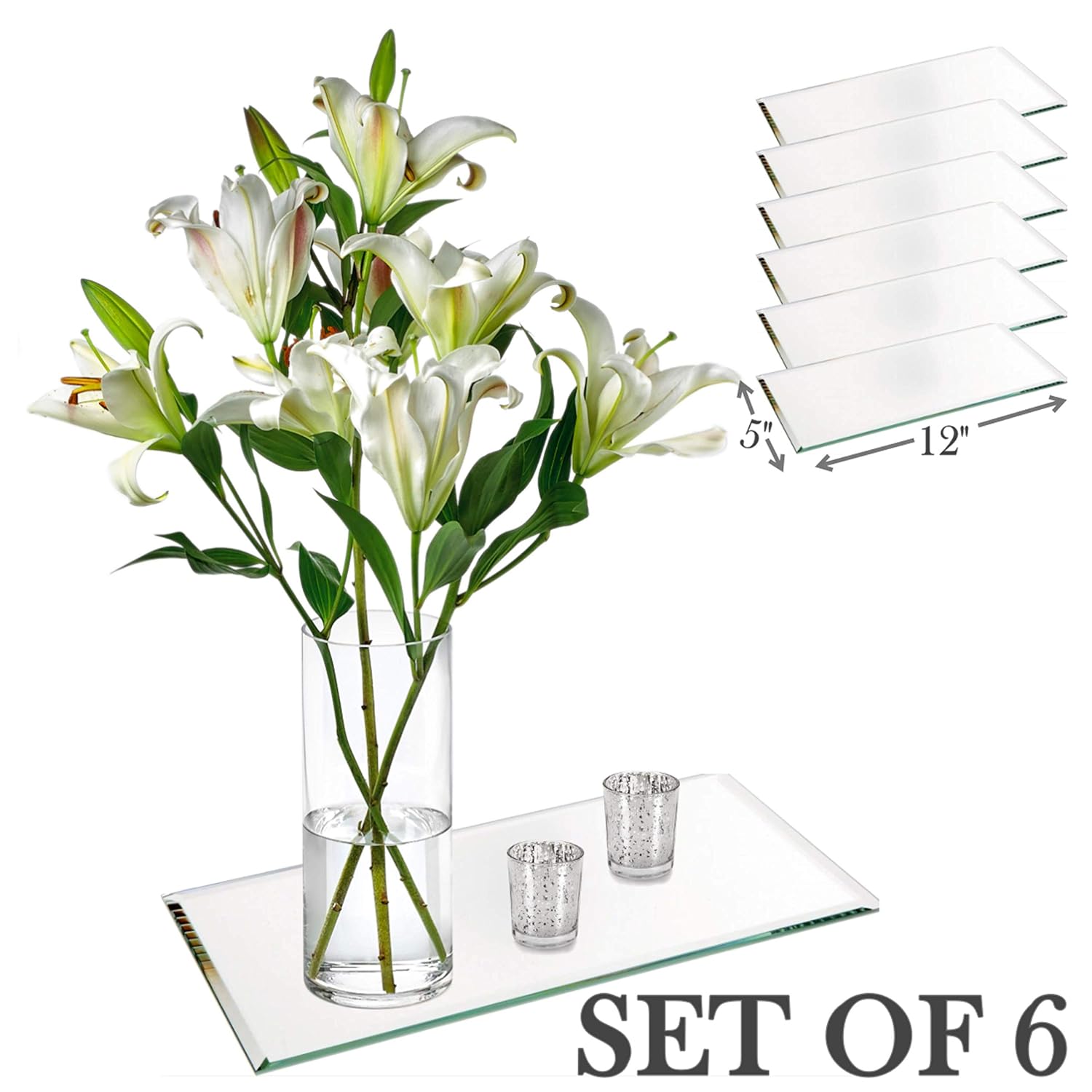 Rectangle Mirror Tray - Mirrors Glass Plates - 5 x 12 inch with 3 mm Beveled Edge - Great as Wedding and Party Table Centerpieces, Candle Plate Holder, Wall Décor. (Set of 6)