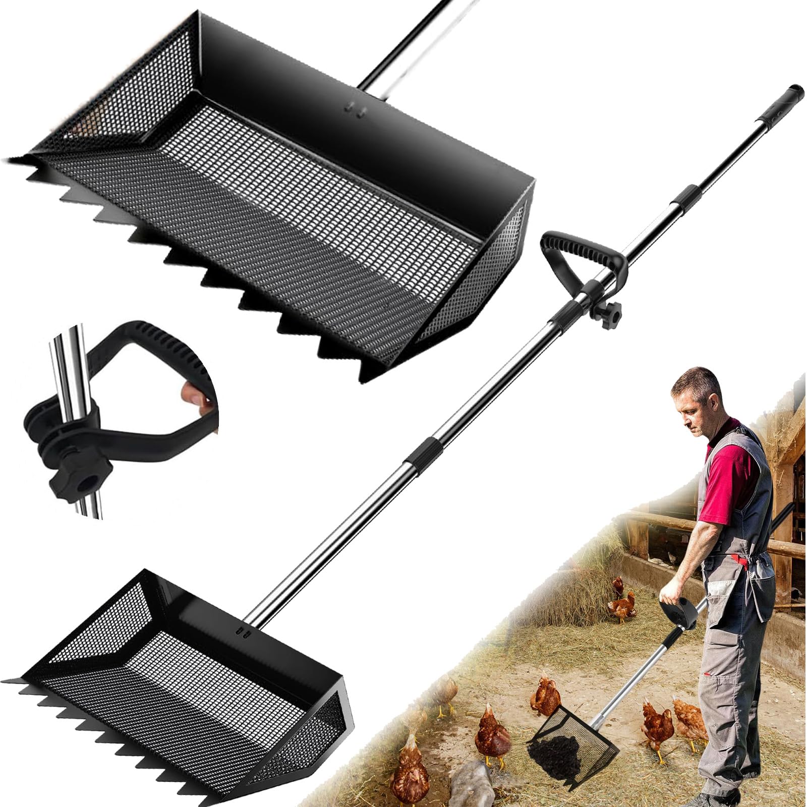 Photo 1 of 12" Metal Chicken Poop Scooper Rake for Sand with 24 to 68" Handle, Adjustable Chicken Poop Scooper for Poop,Wide 10”Poop Shovel Cleaning Tools, Heavy Duty Sifting Shovel (Black Max)