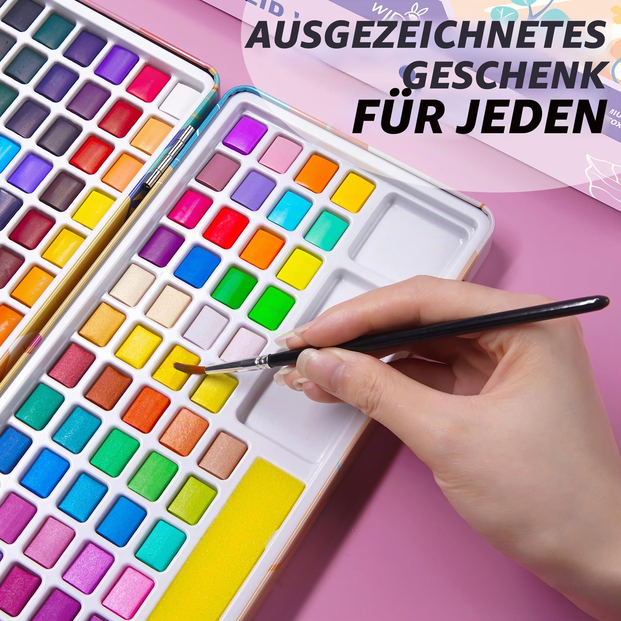 WINSONS Wasserfarbkasten 138 lebendige Farben, Mini-Palette, Pinseln und Aquarellblättern, Ungiftig und Hochpigmentiert 5