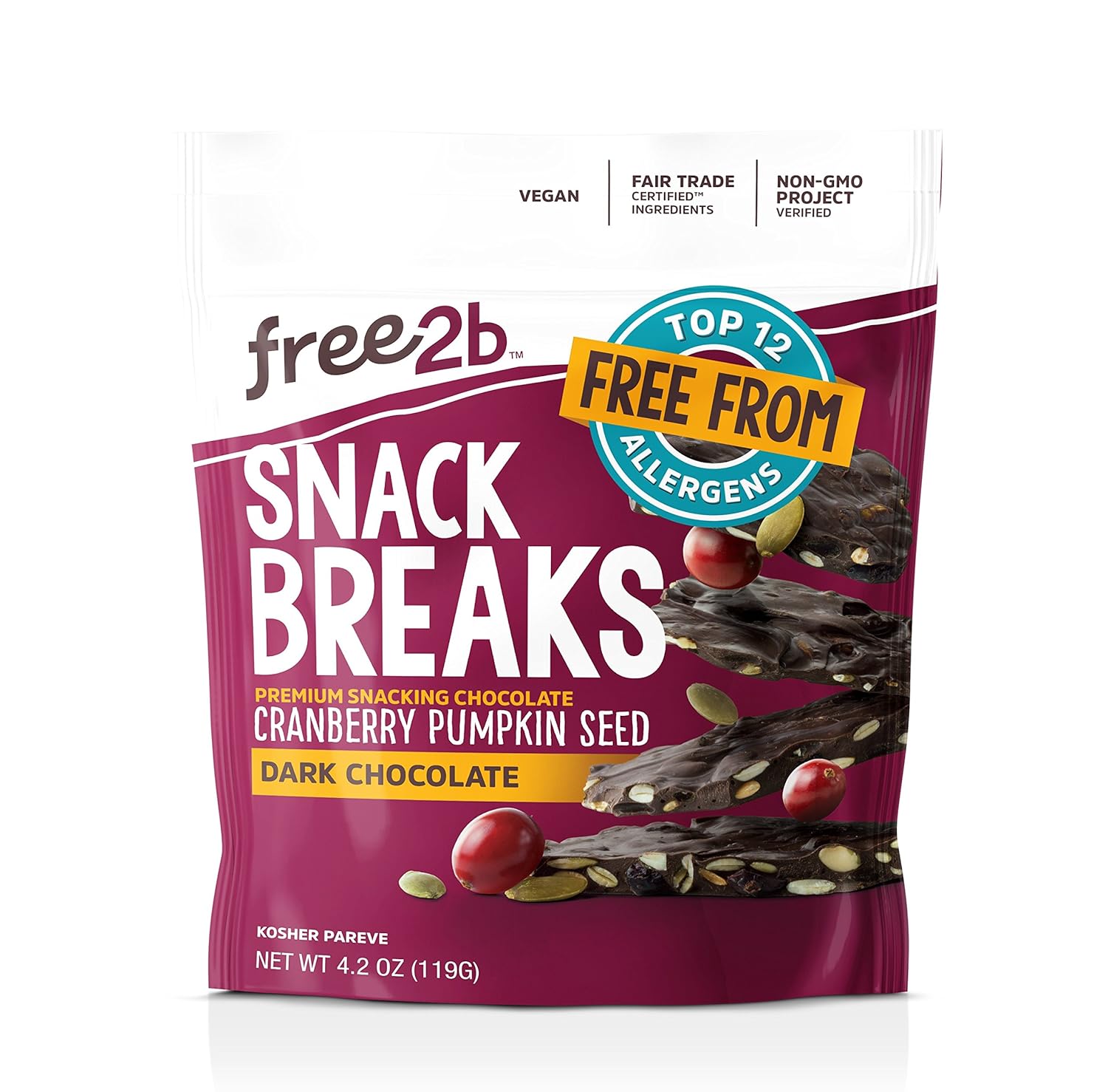 Free2b Dark Chocolate Cranberries & Pumpkin Seed Snack Breaks [Gluten-Free, Dairy-Free, Nut-Free, Soy-Free]