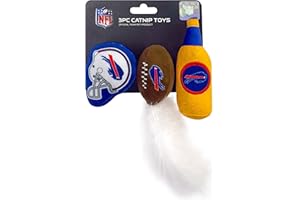PETS FIRST Best Plush CAT Toy - NFL Buffalo Bills Complete Set of 3 Piece Cat Toys Filled with Fresh Catnip. Includes: 1 Helmet Cat Toy, 1 Football Cat Toy with Feathers & 1 Beer Bottle. Beautiful Team Logos