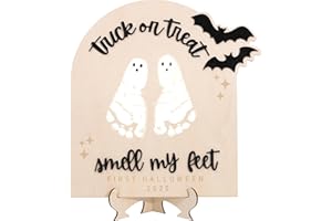 WAWUO DIY Halloween Footprint or Handprint Art Sign | Trick or Treat | My Little Boo | Baby’s First Halloween Keepsake | Kid Craft | 2025 | Engraved (Trick or Treat Footprint)