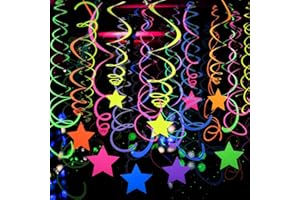 WELITTCON 56 Pieces UV Hanging Swirls Decorations Paper Neon Streamer for Ceiling Star Neon Garlands Black Light Neon Decorations for Dark Glow Party Supplies and Decorations Birthday Neon Party Favors