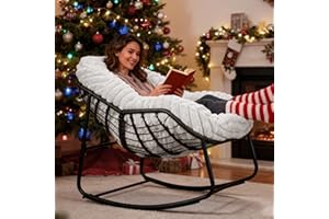 Naga Bahna Outdoor Rocking Chair, Patio Wicker Egg Chair, Indoor Comfy Oversized Papasan Chair with Padded Cushion, Royal Rattan Rocker for Front Porch, Garden, Patio (Light Grey)