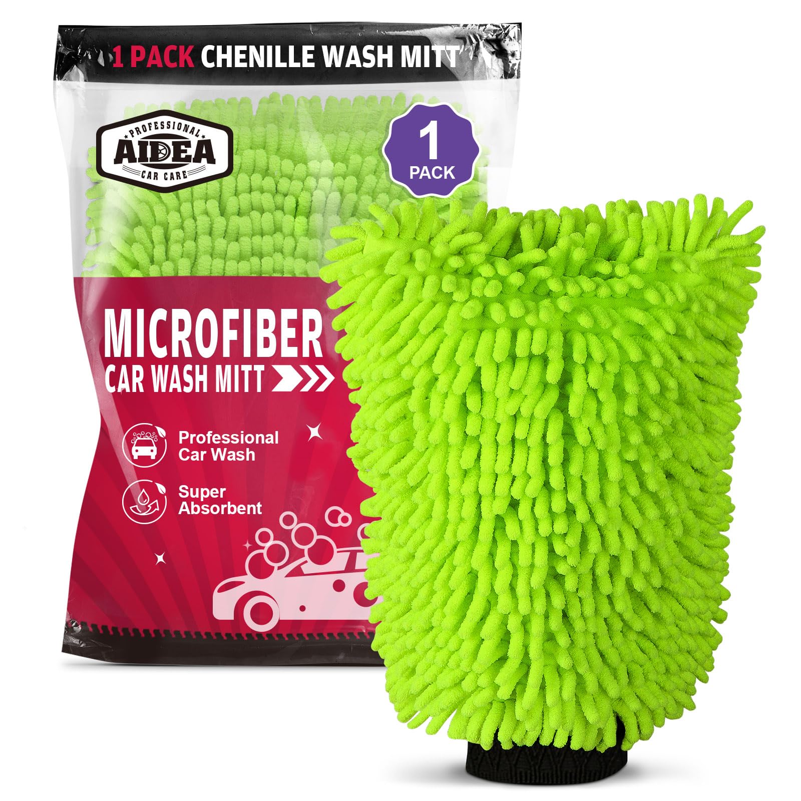 AIDEA Car Wash Mitt Microfiber, 1PK, Car Wash Brush, Green, 7.12''X10.14''