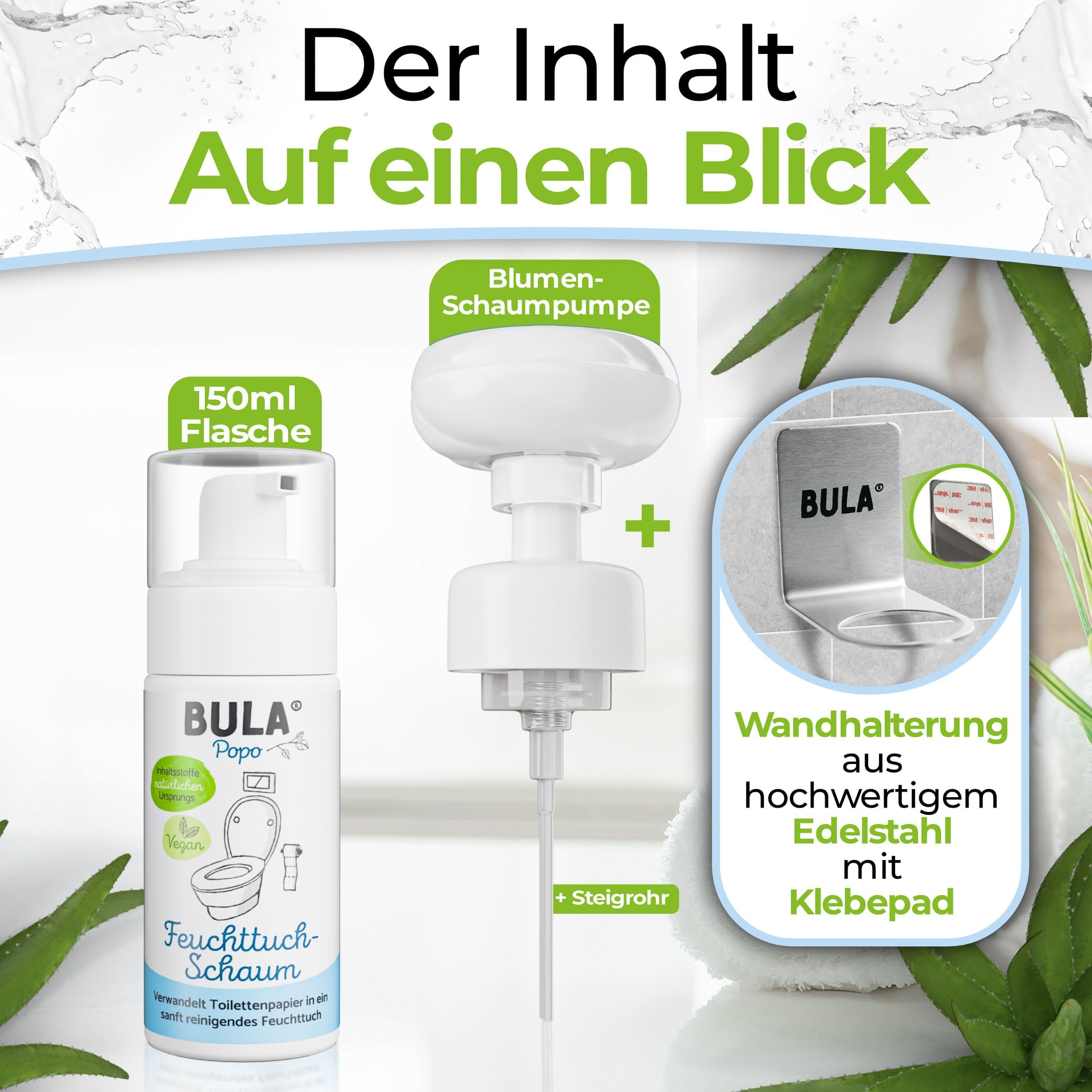 BULA® Popo Home Bundle | Feuchttuch-Schaum 150ml Flasche + Blumen-Schaumpumpe inkl. Edelstahl Halter | Popo Schaum als nachhaltige Alternative für (Baby u. Toiletten-) Feuchttücher | BULA Starterset 2