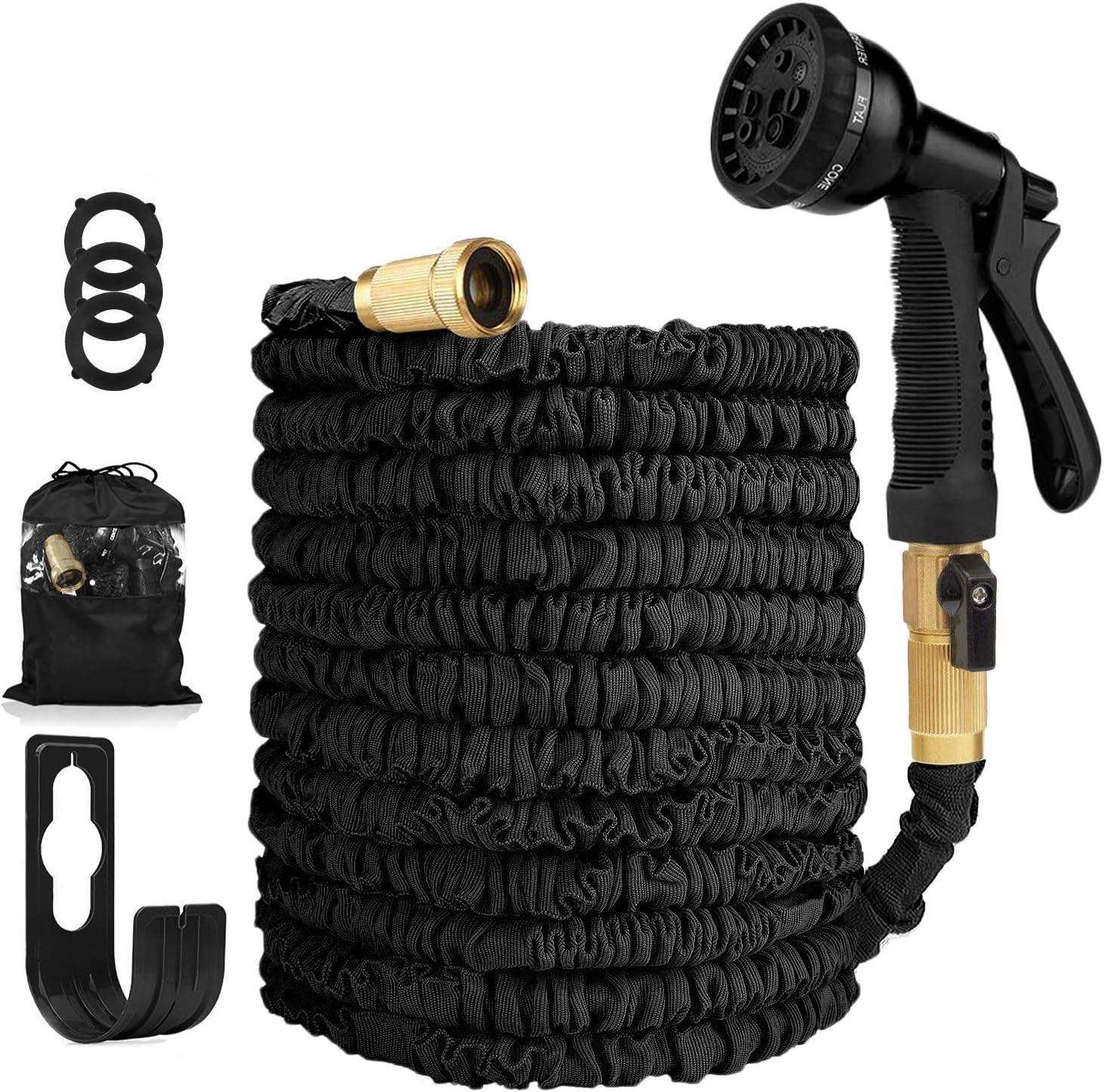 Garden Hose Expandable Hose - Heavy Duty Flexible Leakproof Hose - 8-Pattern High-Pressure Water Spray Nozzle & Bag & Plastic Holder.No Kink Tangle-Free Pocket Water Hose -Black (50FT Garden Hose)