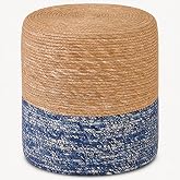 Wimarsbon Natural Seagrass Foot Stool, Hand Weaving Round Ottoman, for Living Room, Outdoor Seat (Natural &amp; Blue)