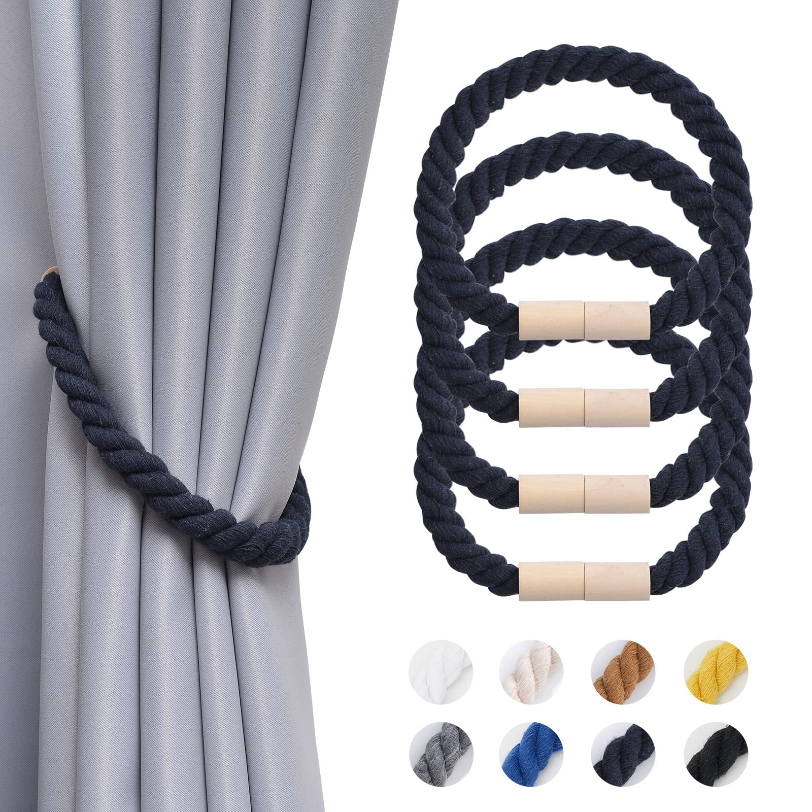 Pretty Jolly 4 Pack Wooden Magnetic Curtain Tiebacks Boho Home Decoration Drape Tie Backs Natural Cotton Handmade Rope Curtain Holdbacks for Thin or Thick Home & Office Window Drapery (Dark Blue)