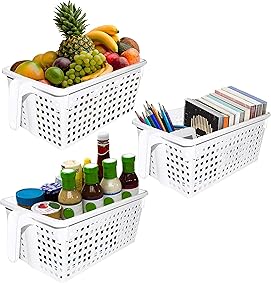 Kurtzy Pack de 3 Útiles Cestas Blancas con Asa / Cajas con Asa - Organizadores de Plástico para la Cocina - Cestas Apilables para Habitación, Oficina, Armario y Baño - Los Contenedores miden 28x13x11 cm 