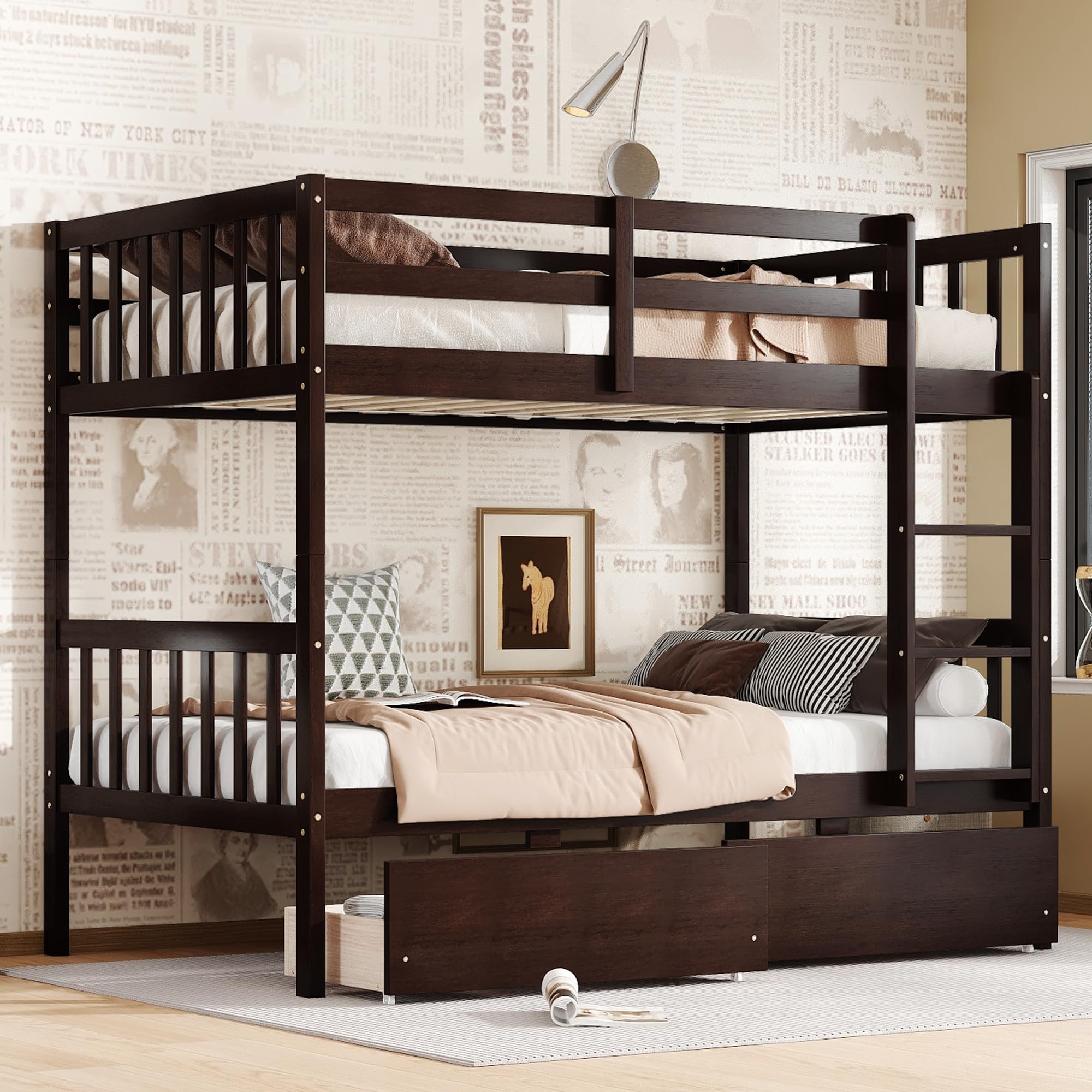 Photo 1 of ** BOX 1 OF 2** Twin Over Twin Bunk Bed with Storage Drawers, Solid Wood bunk Bed with Ladders and Raised Guardrails for Kids, Convertible into 2 Twin Beds, Bunk Bed Twin Over Twin, Espresso