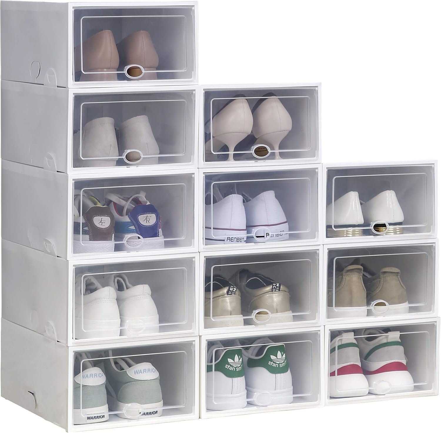 Shoe Storage Boxes Clear Plastic Stackable Shoe Organizer 12 Pack (White), Need to Assemble Yourself