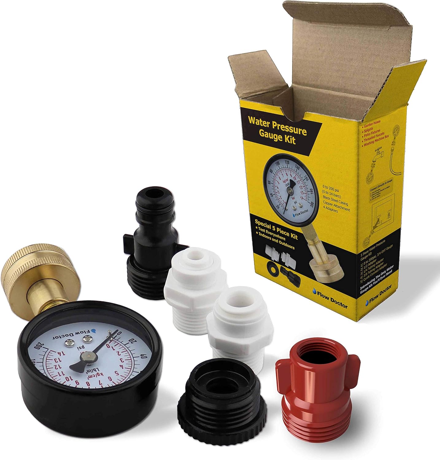 Flow Doctor Water Pressure Gauge Kit, All Purpose, 6 Parts Kit, 0 to 200 Psi, 0 to 14 Bars, Standard 3/4" Female Garden Hose Thread Plus 5 Adapters to Test in Multiple Locations Indoors and Outdoors : Garden & Outdoor