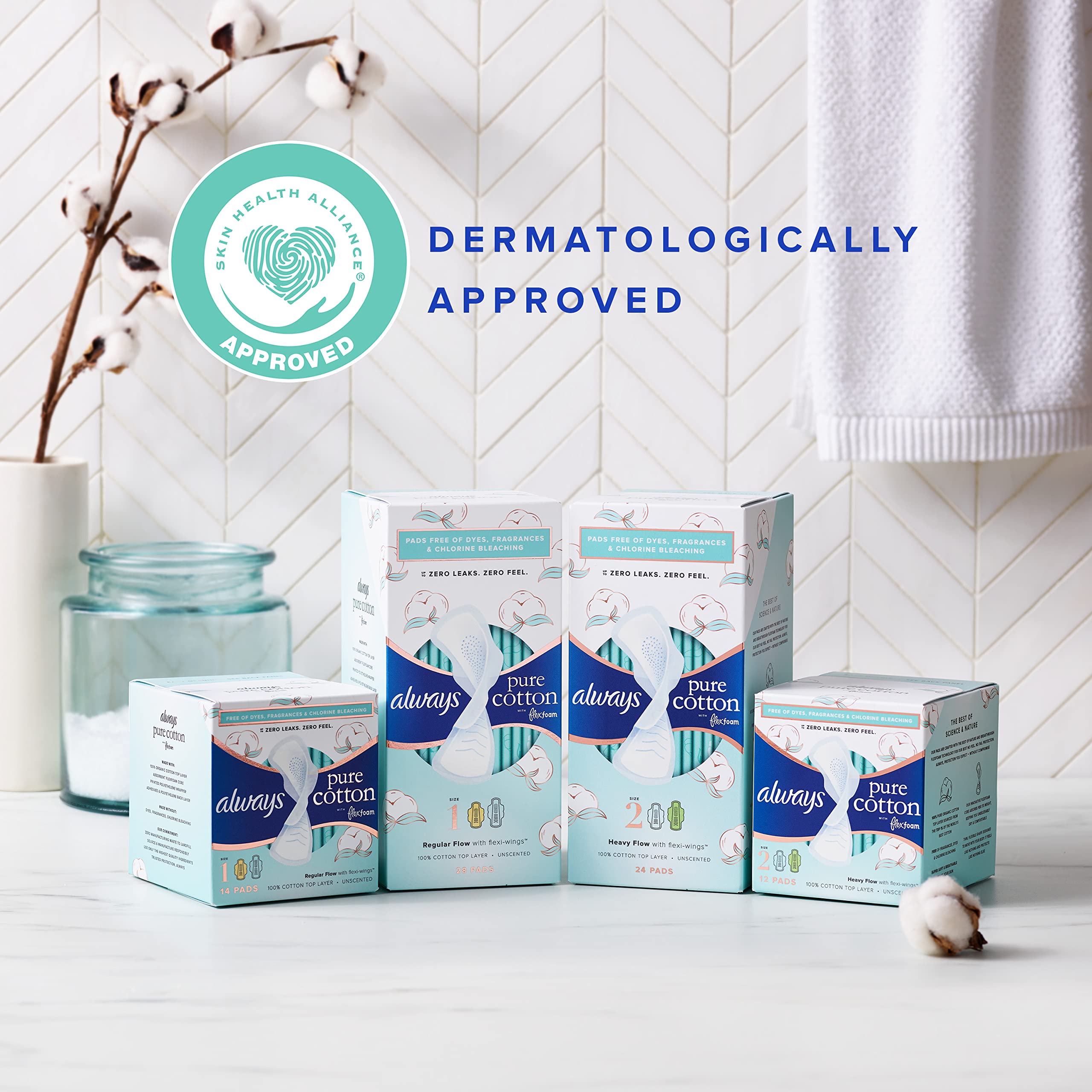 Always Pure Cotton Feminine Pads for Women, FlexFoam Pads with Wings, Size 1, Regular Absorbency, Unscented, 84 Count (3 Packs of 28)