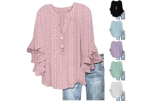 TXXEOSS Women's 3/4 Sleeve Tops Eyelet Dressy Casual V Neck Blouses T Shirts Flowy Shirts Ruffles Hem Trendy Elegant Blouse