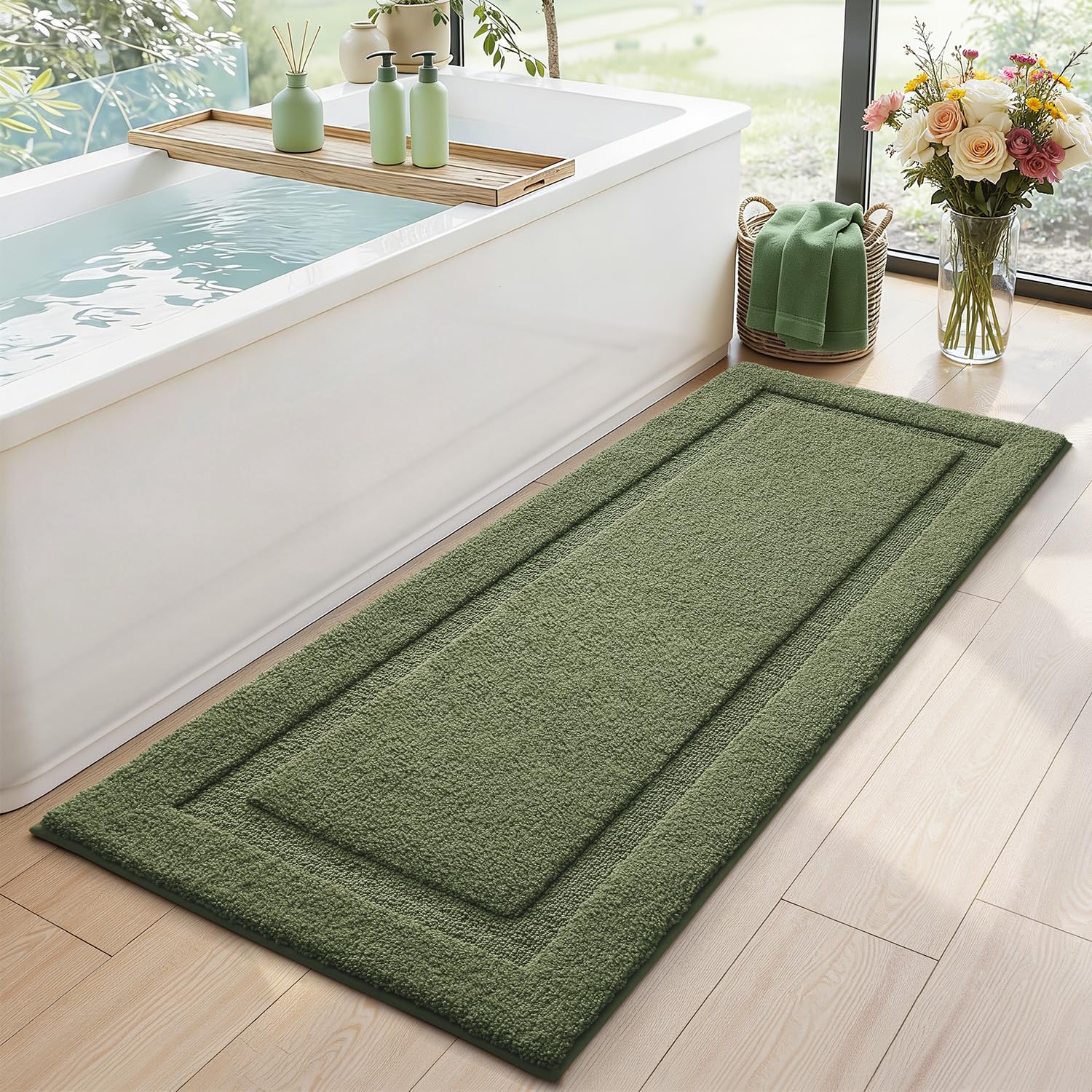LUMI Extra Large Ultra Soft Bathroom Rugs Non Slip with Rubber Backing, Absorbent Washable Bath Mat Quick Dry, Upgraded Premium Microfiber Plush Carpet for Bathtub and Shower Floor, Green, 24x60