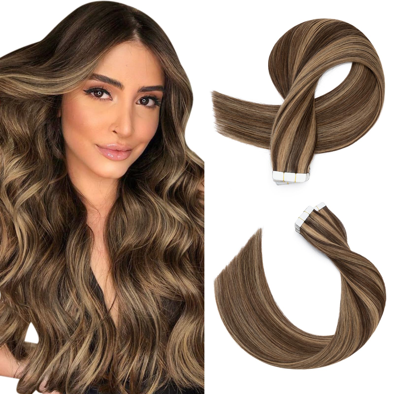 SEGOHAIR Tape in Hair Extensions Human Hair, 18" Invisible 10Pcs Real Hair Straight Natural Remy Tape Hair Extensions -Medium Brown Mixed Dark Blonde — image 1