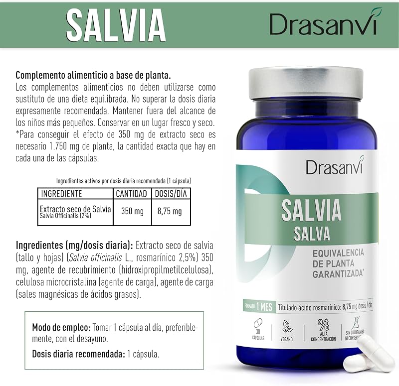Sage 350mg Extrato Concentrado 5:1 Drasanvi em 30 cápsulas sem glúten