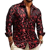 Barry.Wang Mens Casual Long Sleeve Shirts Silk Button Up Novelty Paisley Formal Dress Shirt Western Mexico Cowboy