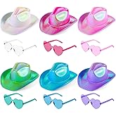 Haysandy 12 Pcs Holographic Space Hat with Rimless Sunglasses Neon Sparkly Hat and Heart Sunglasses for Women
