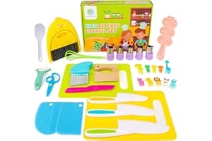 FUNGYAND 22 Piece Kids Cooking Set - Montessori Kitchen Tools with Safe Knives, Cutting Board, Cleaning Accessories and More 