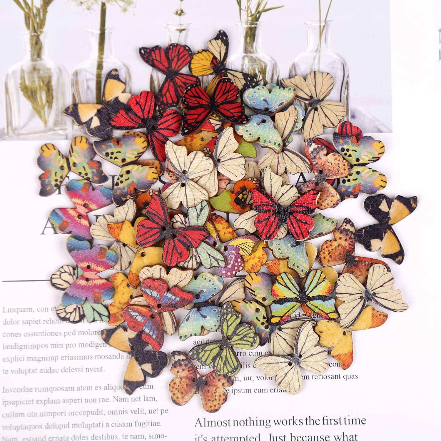 FINGOOO 100 PCS Butterfly Wooden Buttons,1 Inch Colorful 2 Holes Mixed Decorative Buttons for DIY Sewing&Wood Craft Clothes Accessories