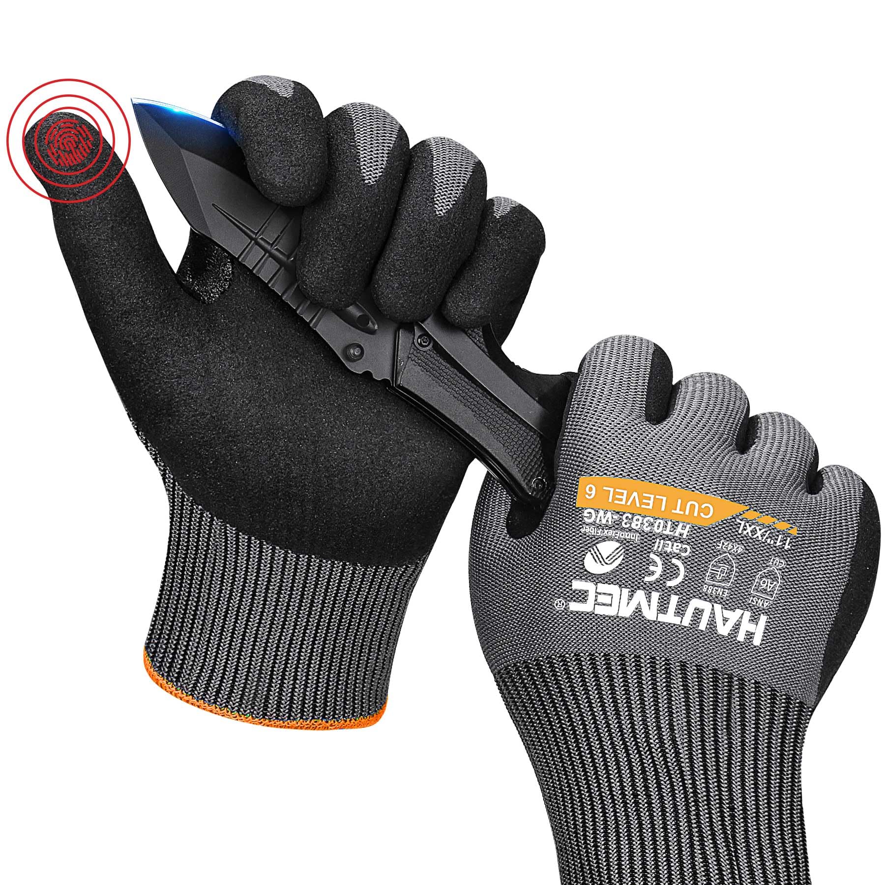 HAUTMEC ANSI A6 Cut Resistant Work Gloves, EN 388 4X42F Cutting Proof Gloves for Men, InnoFlex 13-Gauge Knit Nitrile Dipped, Touchscreen, Breathable for Construction/Machinery/Glass/Garden(XXL)