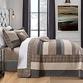 SahSahCasa 120"x102" 100% Cotton Oversized Queen Bedspread Coverlet Quilt Set, Queen Quilted Striped Bedspread Extra Large Quilt, XL Bed Spread Lightweight Comforter, 3pc, Charcoal/Beige/Brown