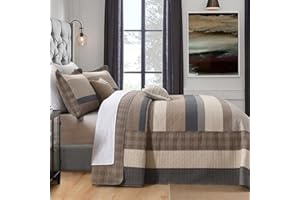 SahSahCasa 120"x102" 100% Cotton Oversized Queen Bedspread Coverlet Quilt Set, Queen Quilted Striped Bedspread Extra Large Quilt, XL Bed Spread Lightweight Comforter, 3pc, Charcoal/Beige/Brown