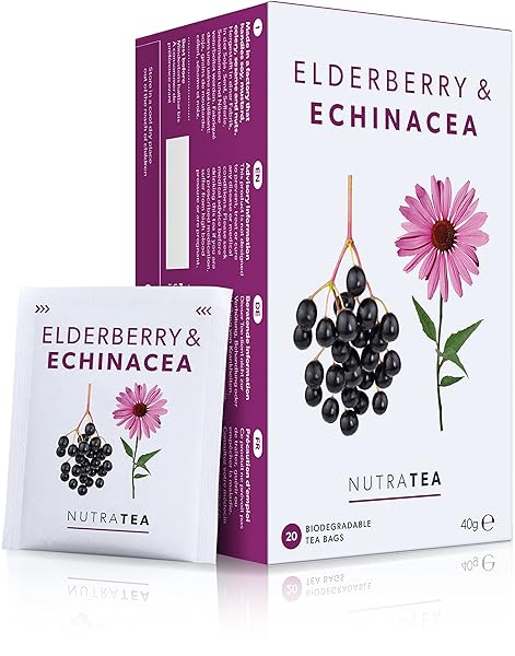 NUTRA TEA – ELDERBERRY & ECHINACEA TEA | ELDERBERRY TEA – IMMUNITY TEAS | IMMUNE TEABAGS – 20 INDIVIDUALLY WRAPPED BAGS – HERBAL TEAS – (1 PACK)