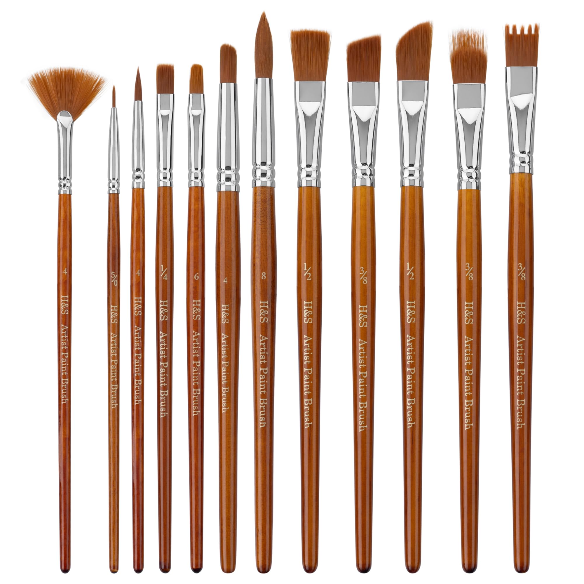 H&S Art Paint Brush Set – for Acrylic, Oil & Watercolour – Professional Flat & Round – Pack of 12 for Artists - Paint Brushes