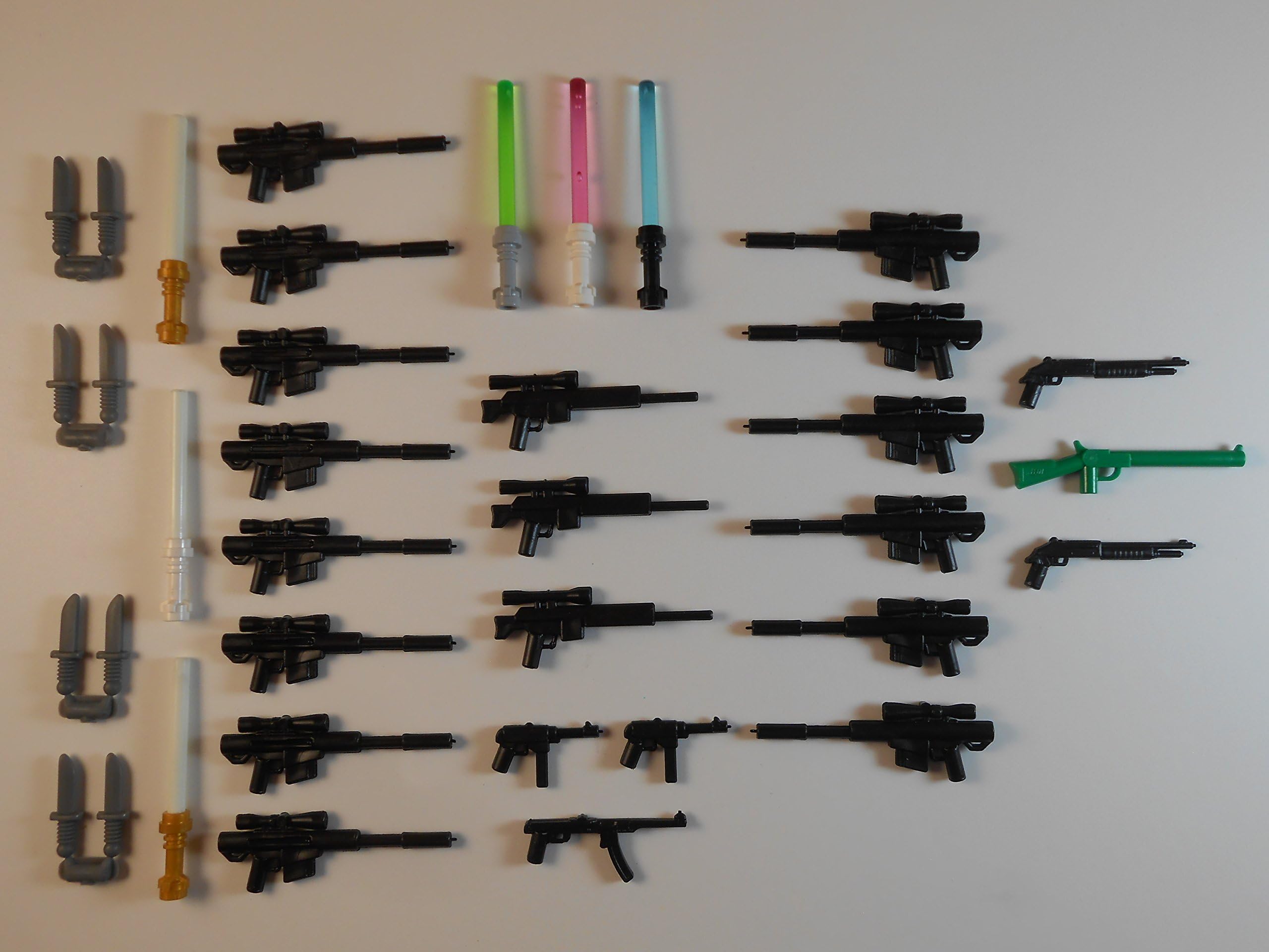 OnQbricks 37 Guns for Lego Minifigures. New! Lightsabers Star Wars GLOW IN THE DARK! Minifigs Toy Knifes Blaster Military Sniper Rifle Toys Weapons