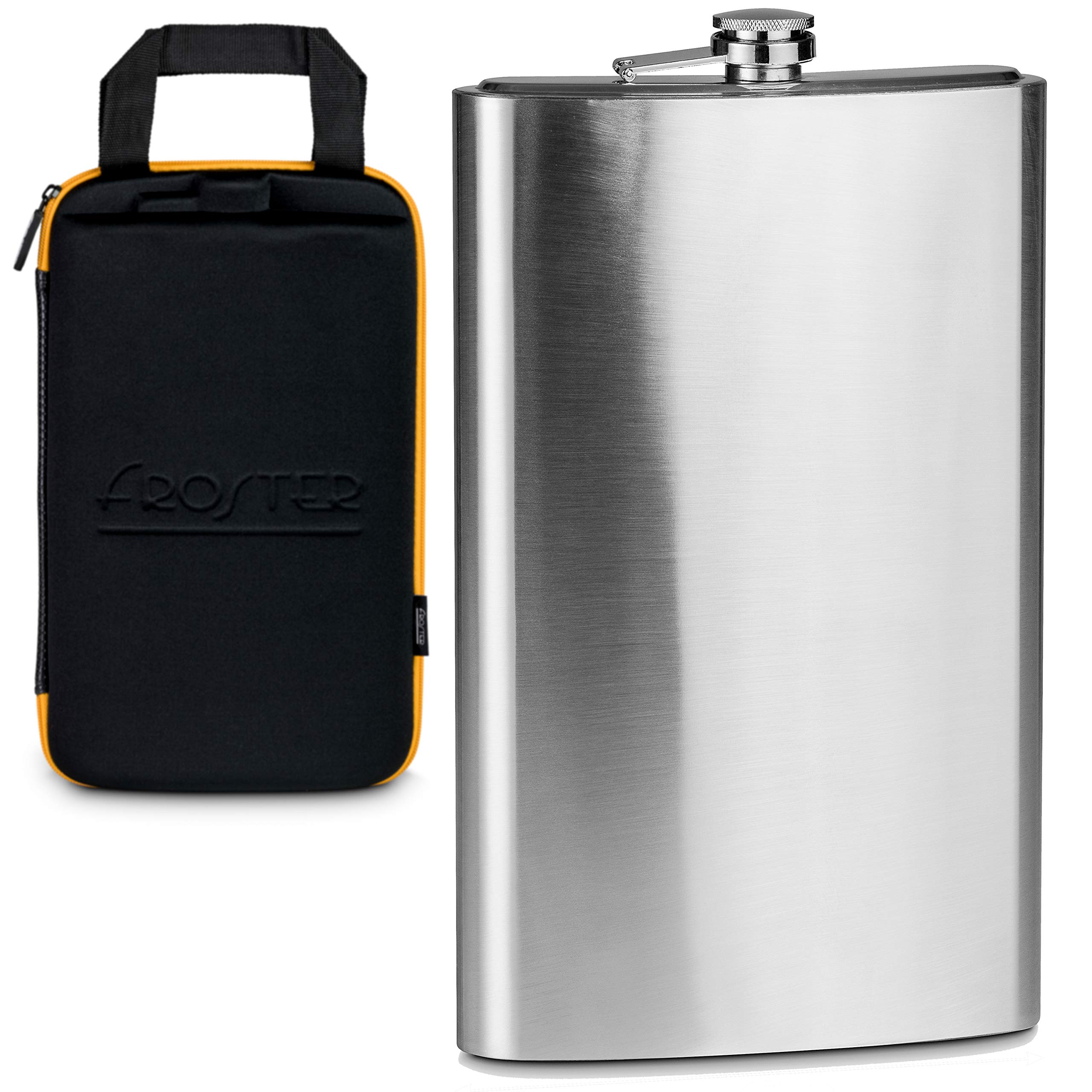 Froster Giant Hip Flask Deluxe in Extreme Case, Large Capacity 61,6 oz, Stainless Steel, Gift for Men