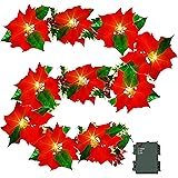 Dazzle Bright 7 FT Christmas Poinsettia Flowers Garland Decorations, 10 LED Lighted Artificial Velvet String Lights with Red 