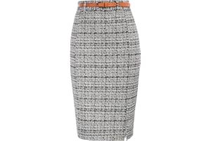 Kate Kasin Women's Tweed Pencil Skirt Knee Length High Waisted Skirts with Slit Elegant Skirts with Belt