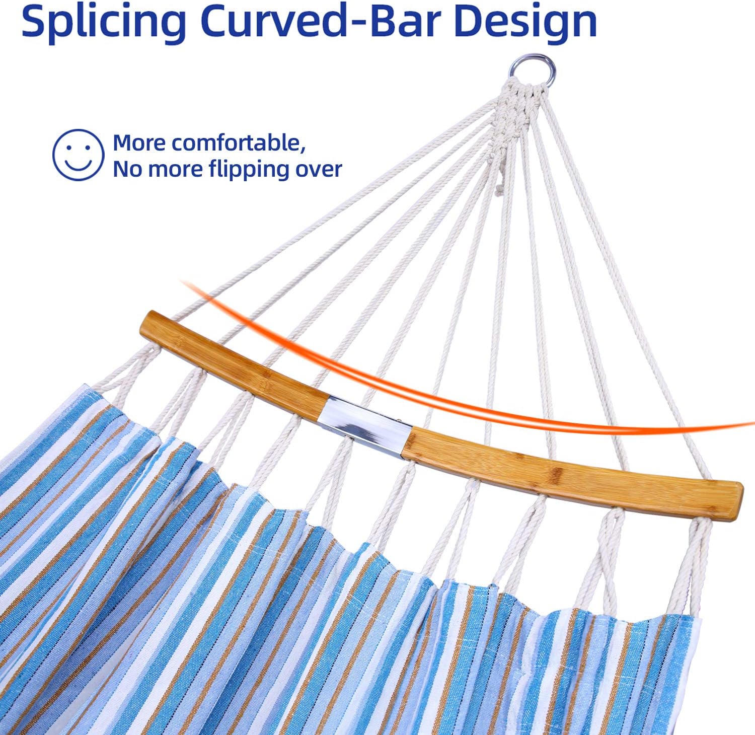 Ohuhu Double Hammock Swing with Tree Straps, Folding Curved-Bar Design 2020 Upgraded Space-Saving Bamboo Hammock with Carrying Bag, Portable Hammock for Patio, Backyard, Camping, Beach, Blue Stripe: Furniture & Decor