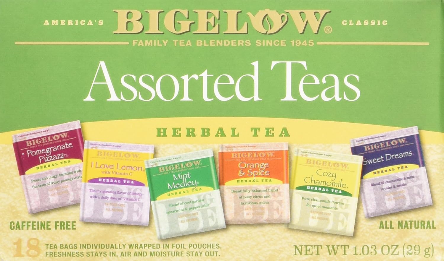 Bigelow Assorted Herbal Teas, 18 Count, Pomegranate Pizzazz, Mint Medley, I Love Lemon, Cozy Chamomile, Orange & Spice and Sweet Dreams