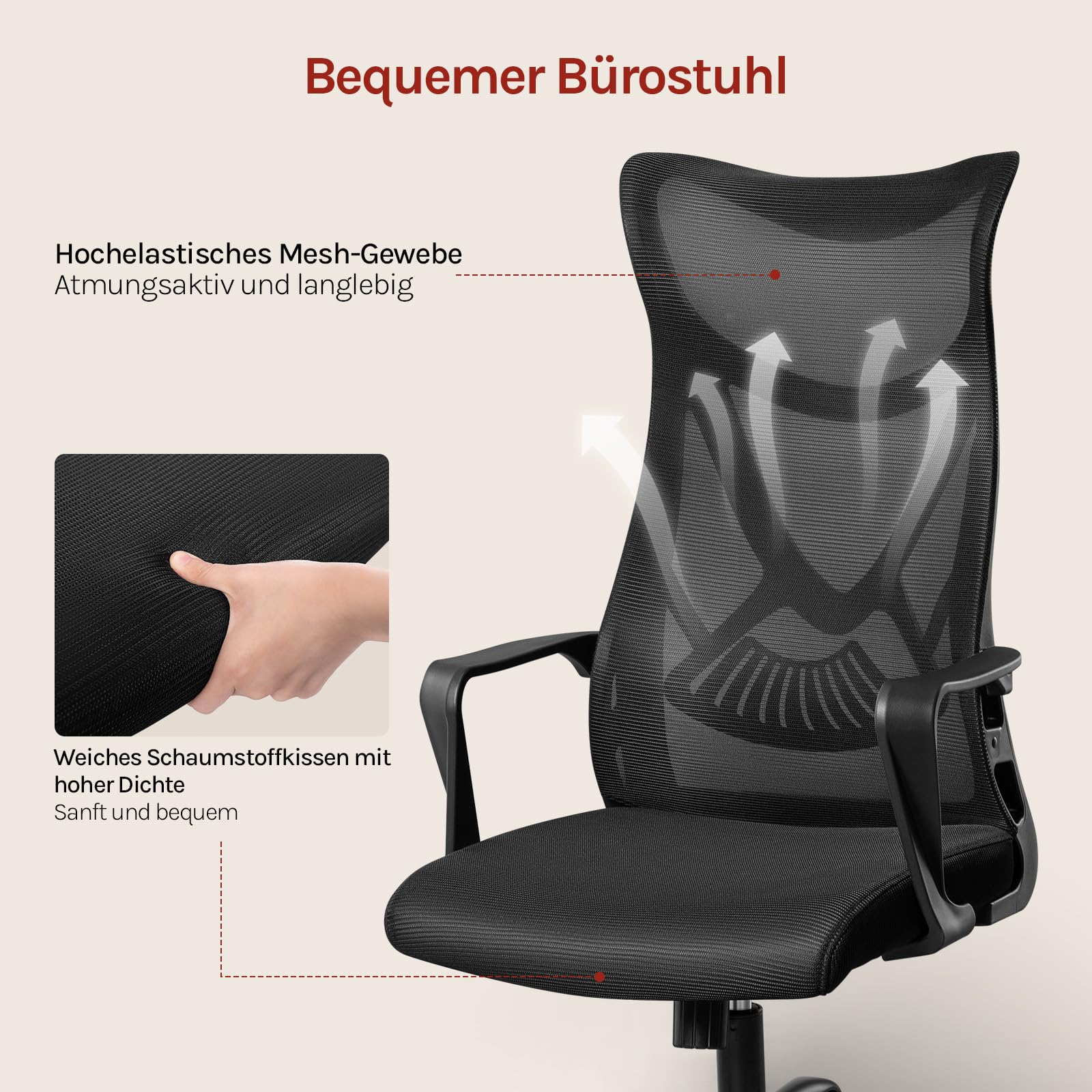 Klihome Bürosessel Ergonomisch, Bürostuhl Schaukelfunktion 360° Drehbar, Schreibtischstuhl mit Armlehnen, Arbeitsstuhl aus atmungsaktivem Netzstoff, Schwarz 6