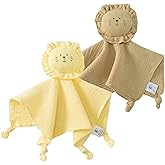 TADO MUSLIN Organic Cotton Baby Lovey Security Blanket, 2-Pack Bunny and Lion Stuffed Animal Comforter Blankie for Newborn, Infant, Toddler 0-3 Years - Machine Washable (12.5in)
