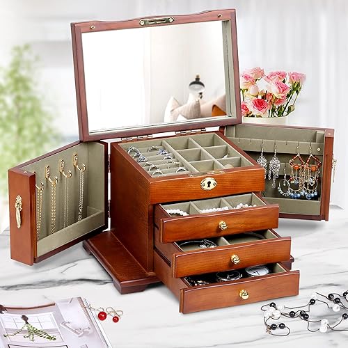 Kendal Hardwood Large Wooden Jewelry Box for Women, Solid Wood