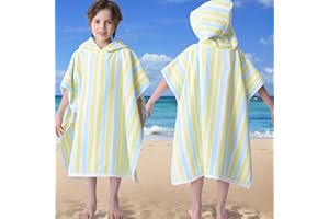 VOOVA & MOVAS Poncho Towels for Kids - 100% Cotton (4-8Years) - Absorbent Quick Dry Lightweight Hooded Towel Robe for Pool | Swim | Beach | Bath | Bathroom, Yellow Blue Stripe