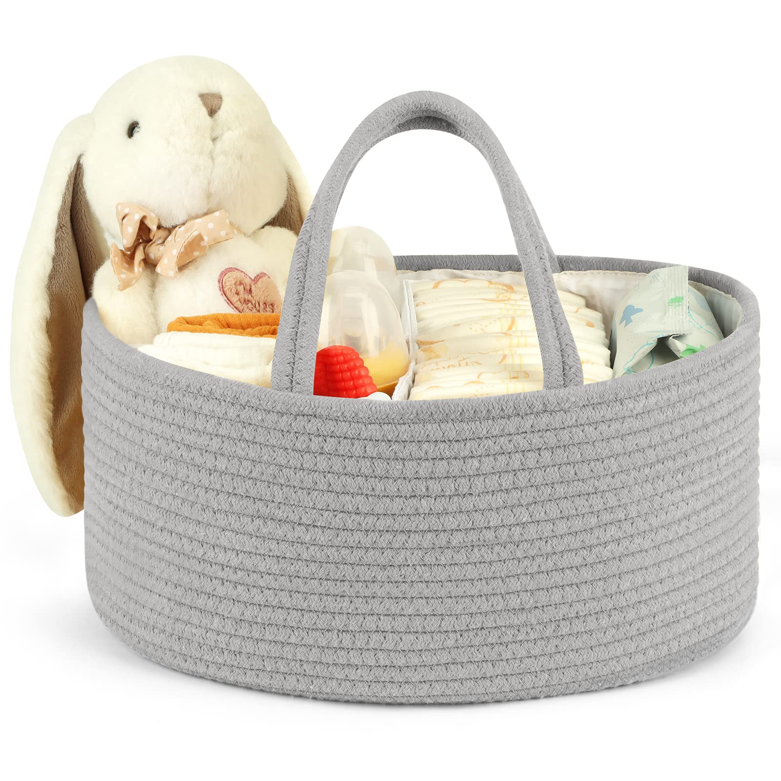 Maliton Nappy Caddy, Cotton Rope Newborn Essentials Diaper Sturdy Portable Baby Caddy Storage Basket with Detachable Compartments, Organiser as Shower Gifts for Newborn, All-Grey, 1 (GDCO001)