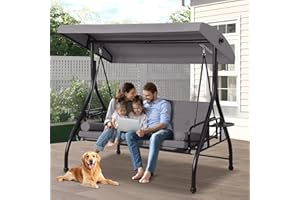TOBYUL Patio Porch Swings with Adjustable Canopy - 3 Seat Outdoor Porch Swing Glider Bench with Stand, Heavy Duty Swing Bed W/Cushions Pillows and Cup Holder for Backyard Garden Lawn Poolside (Gray)