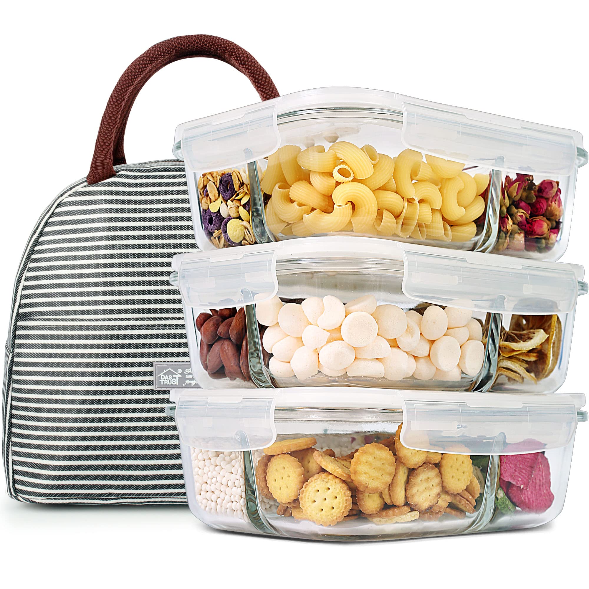 Photo 1 of DAS TRUST 3 Pack Bento Box Glass Meal Prep Containers - 3 Compartment Glass Food Storage Containers with Lids - Lunch Box Meal Prep Bowls - Oven Safe