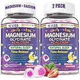 Neviss Magnesium Glycinate + Calcium Filled Gummies for Adults and Kids 4+, Kids Sleep Gummies Melatonin Free, No Sugar Magnesium Supplement w/B6 D3, L-Theanine for Zzz Relax, Brain,Bone,Muscle 2Pack