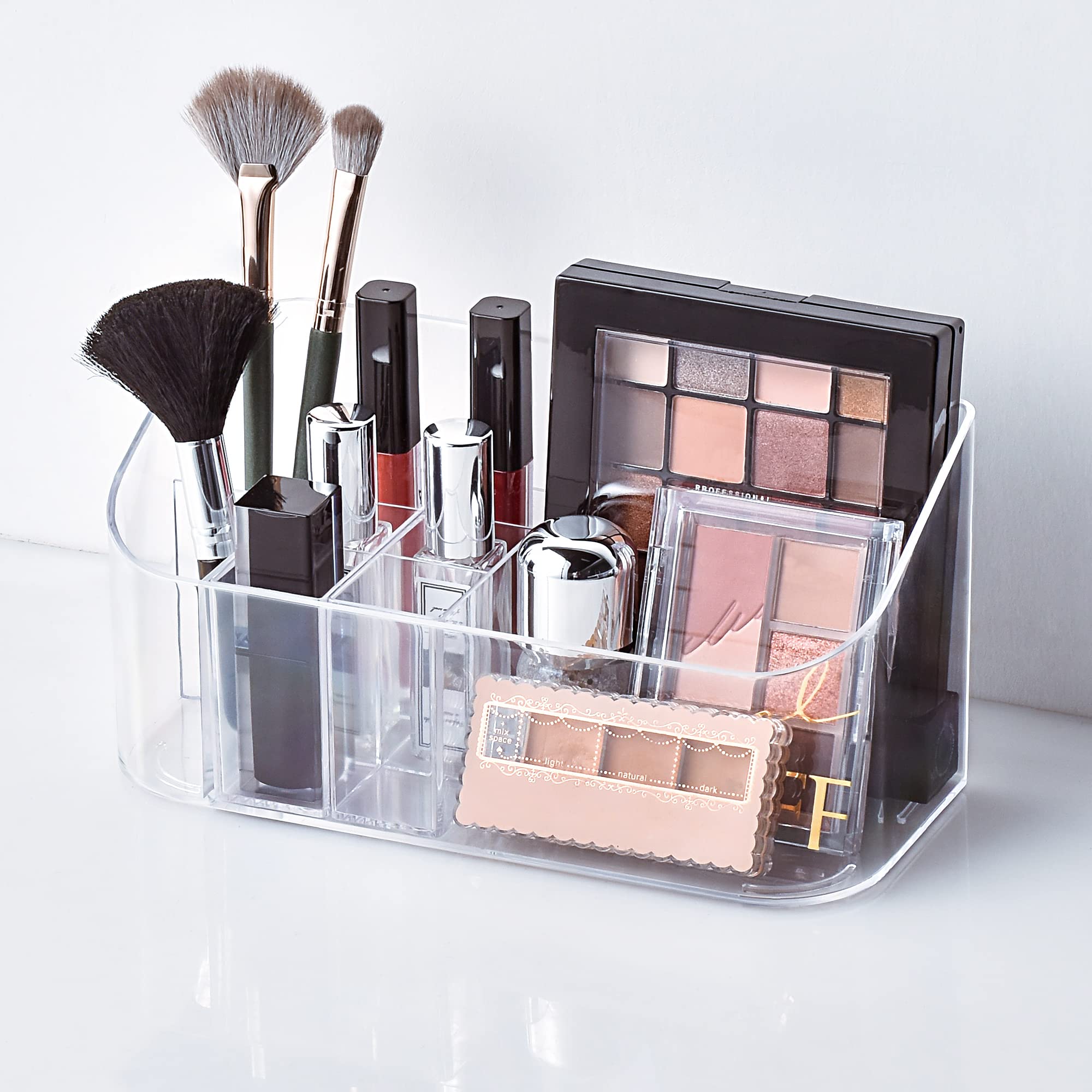 YOHOM Small Clear Makeup Organizer Tray Vanity Cosmetic Brush Holder Storage Box 9-Compartments Countertop Lipstick collection Display Case with 2 Dividers Plastic